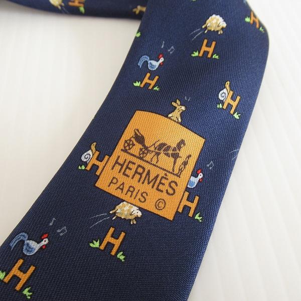 HERMES（エルメス） #anzt ネクタイ 紺 シルク 総柄 ロゴ 動物