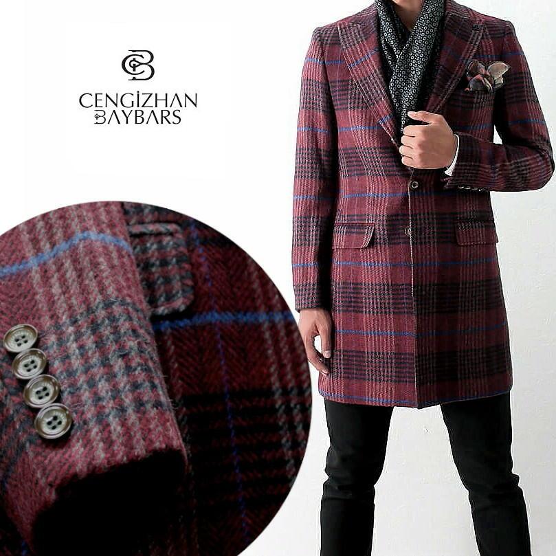チェスターコート メンズ スリム 冬 チェック ウール エンジ ボルドー