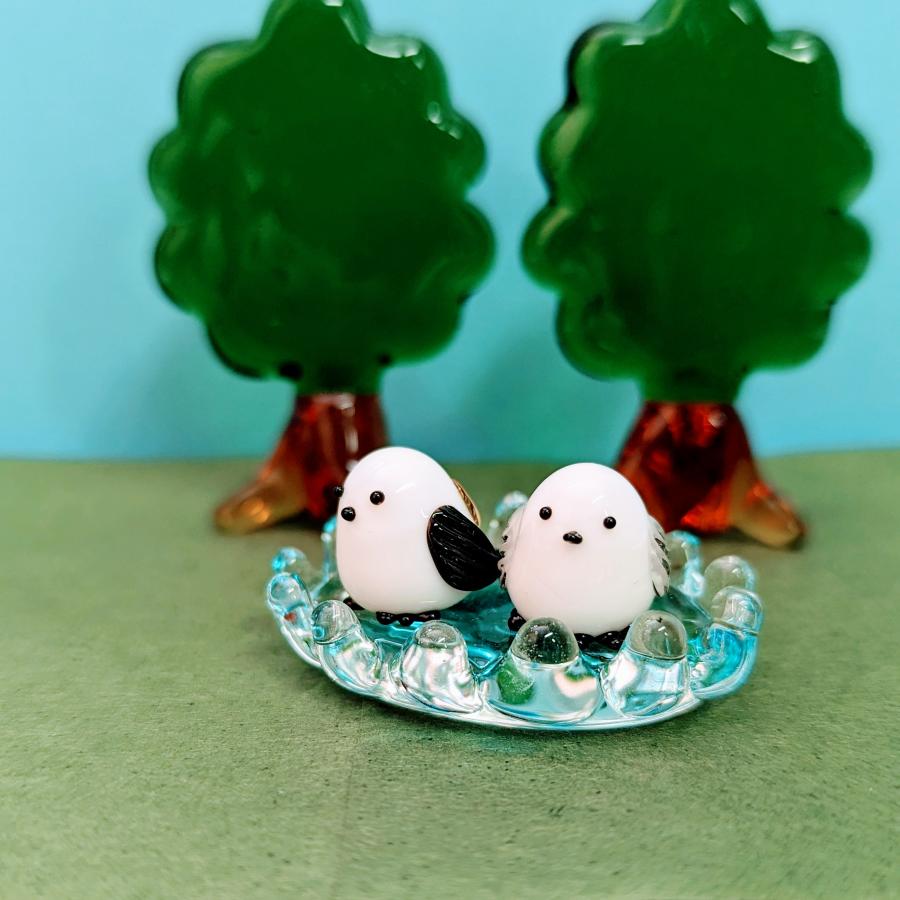 ガラス細工 シマエナガ カゴペア 青 ミニチュア 置物 雑貨 動物 鳥