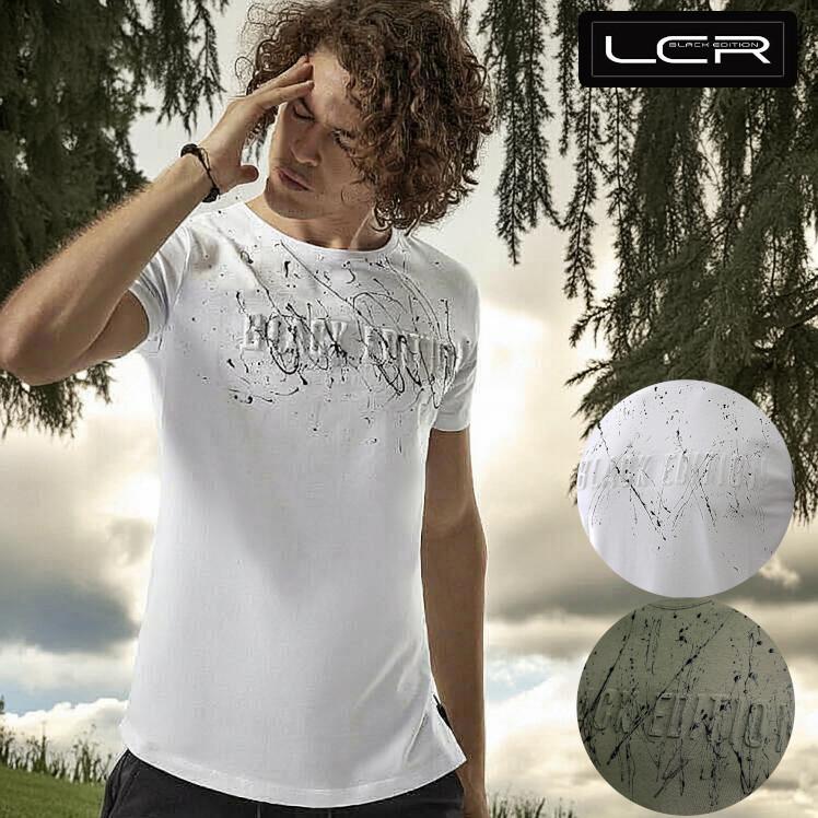 Tシャツ メンズ 半袖 立体ロゴ ペンキ散らしプリント クルーネック