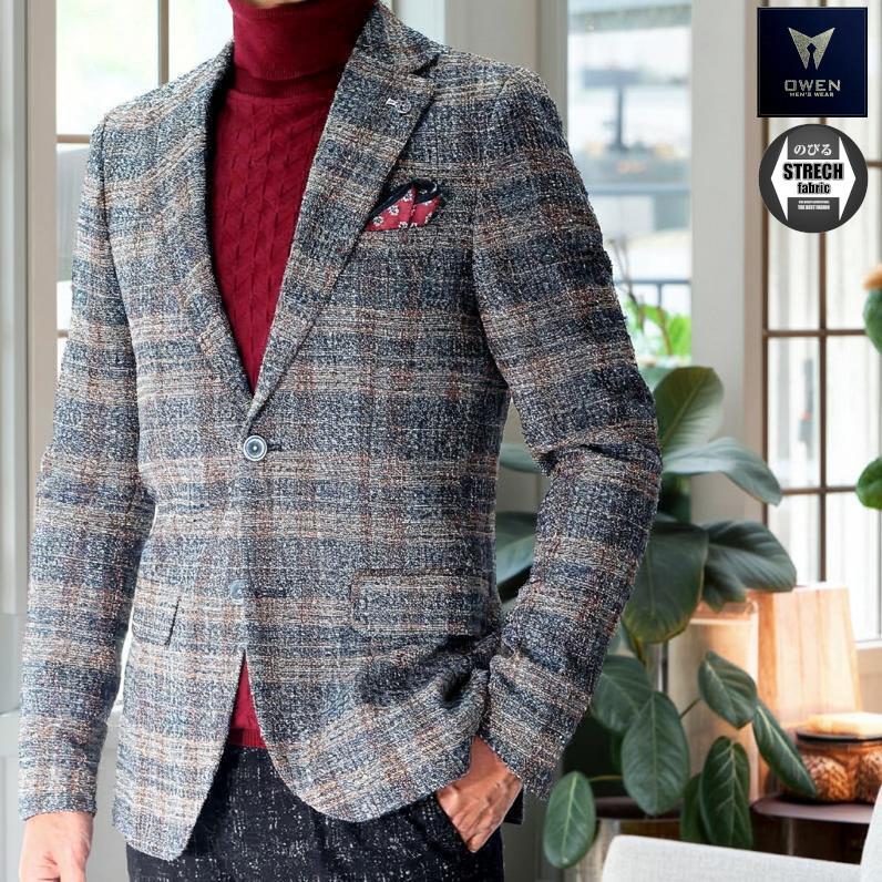 ツイード テーラードジャケット チェック ブレザー 青 ブルー メンズ