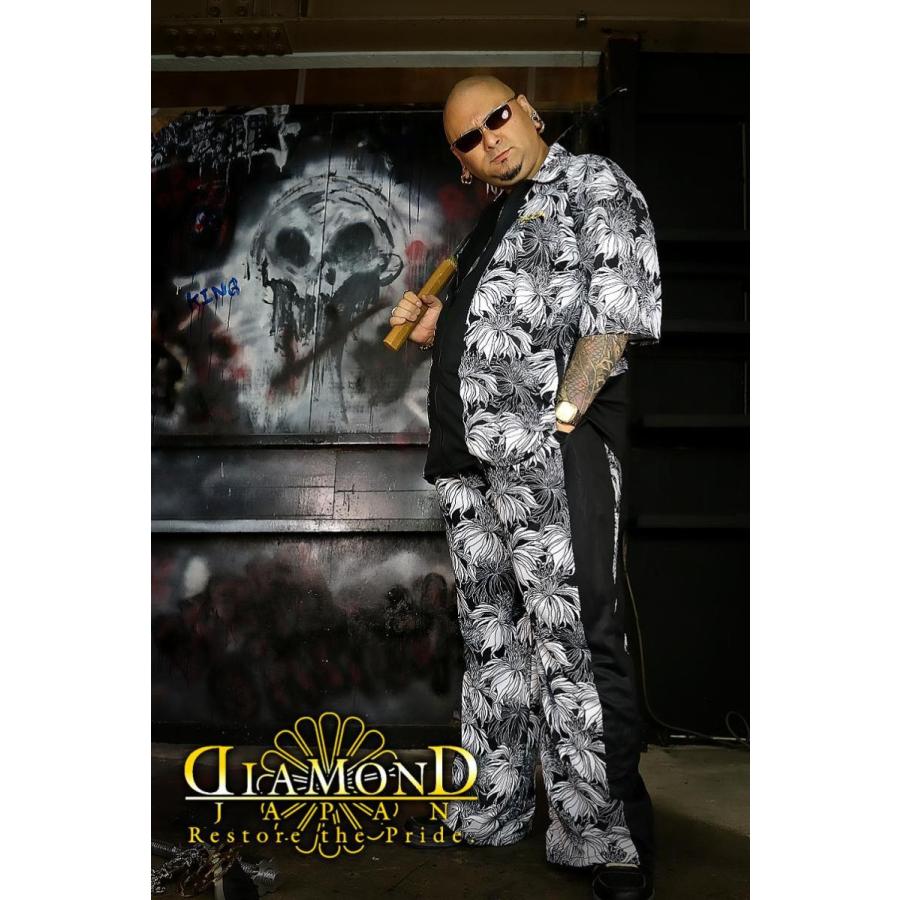 刺繍入り 花総柄 半袖 セットアップ ジャージ 白×黒 ヤクザ ヤンキー