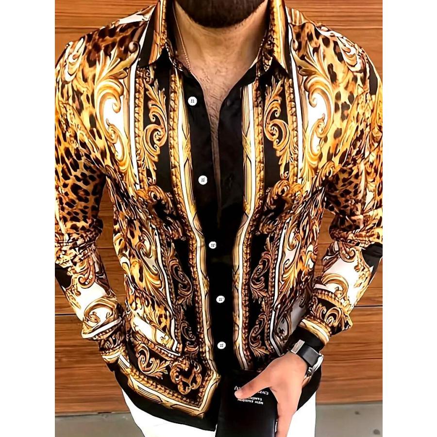 バロック柄 長袖シャツ 黒白 037 柄シャツ Yシャツ ドレスシャツ