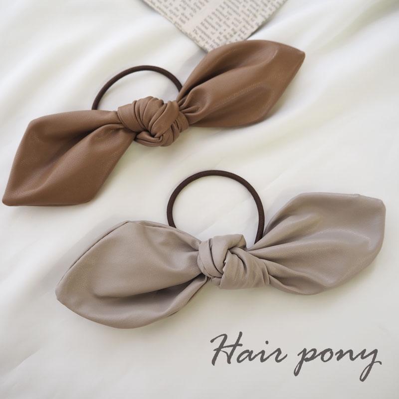 BLAZE ヘアゴム リボン フェイクレザー ボリューム 大ぶり 無地 グレー