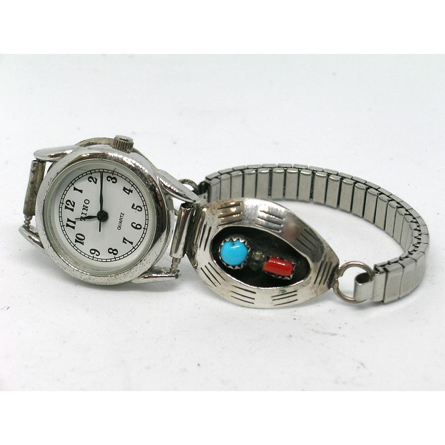 インディアンジュエリー ターコイズ ＆ 珊瑚 ウォッチブレス 時計