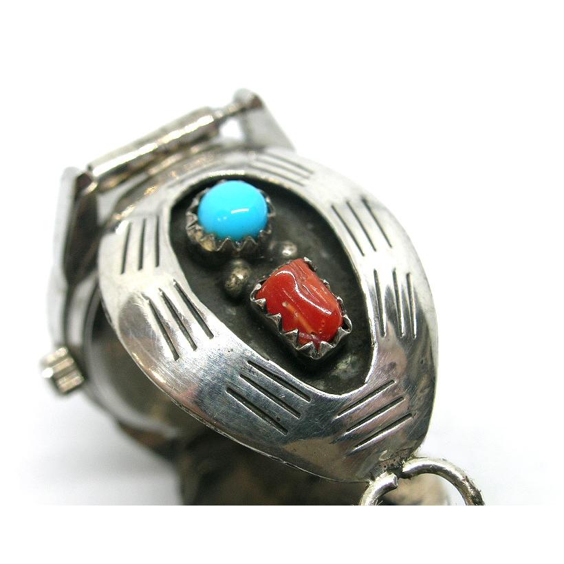 インディアンジュエリー ターコイズ ＆ 珊瑚 ウォッチブレス 時計