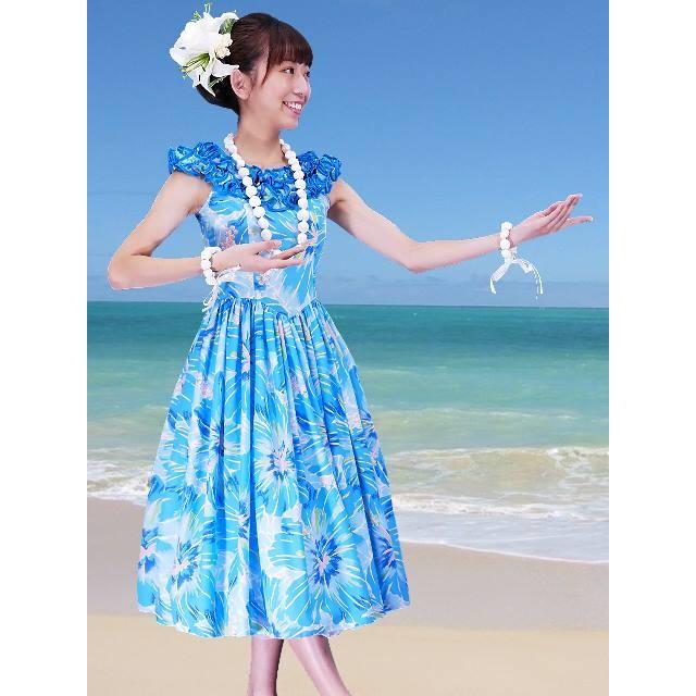 フラダンス ムームー フリル ミディ丈ドレス ブルー Fサイズ 2380blF