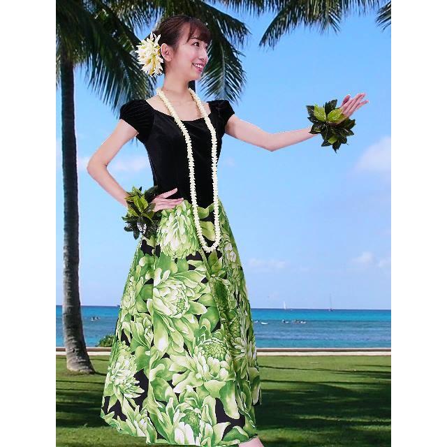 フラダンス ベロア×ハワイアンファブリックドレス グリーン LLサイズ