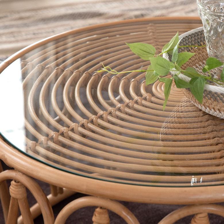 ELEMENTS センターテーブル ローテーブル ラタン 籐 ガラス天板