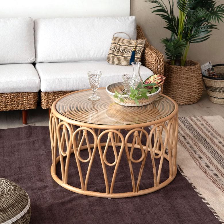ELEMENTS センターテーブル ローテーブル ラタン 籐 ガラス天板