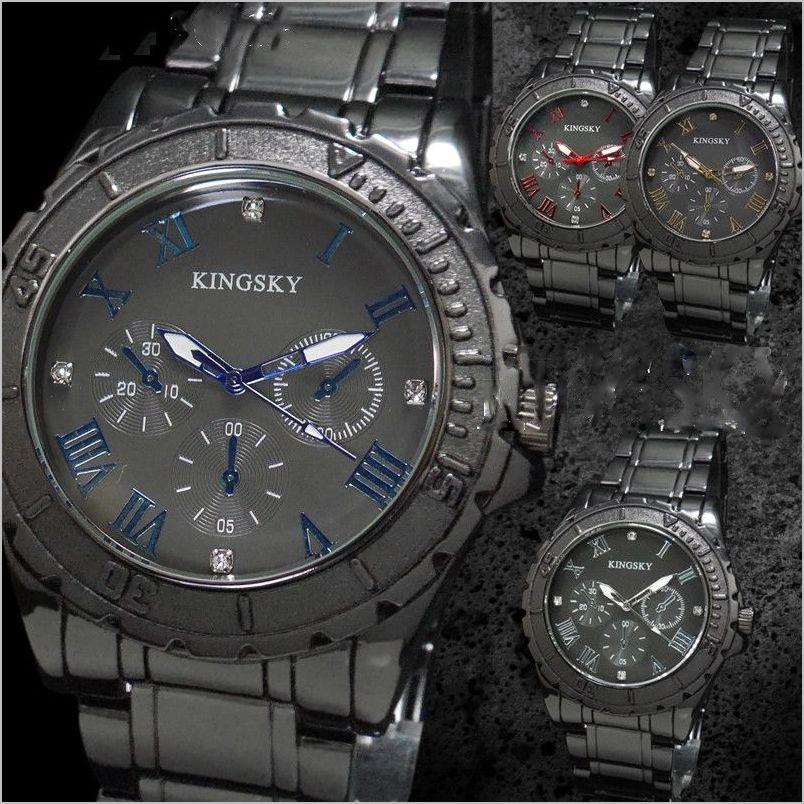 腕時計 メンズ メタルバンド アラビア文字盤 ブラック クロノグラフ