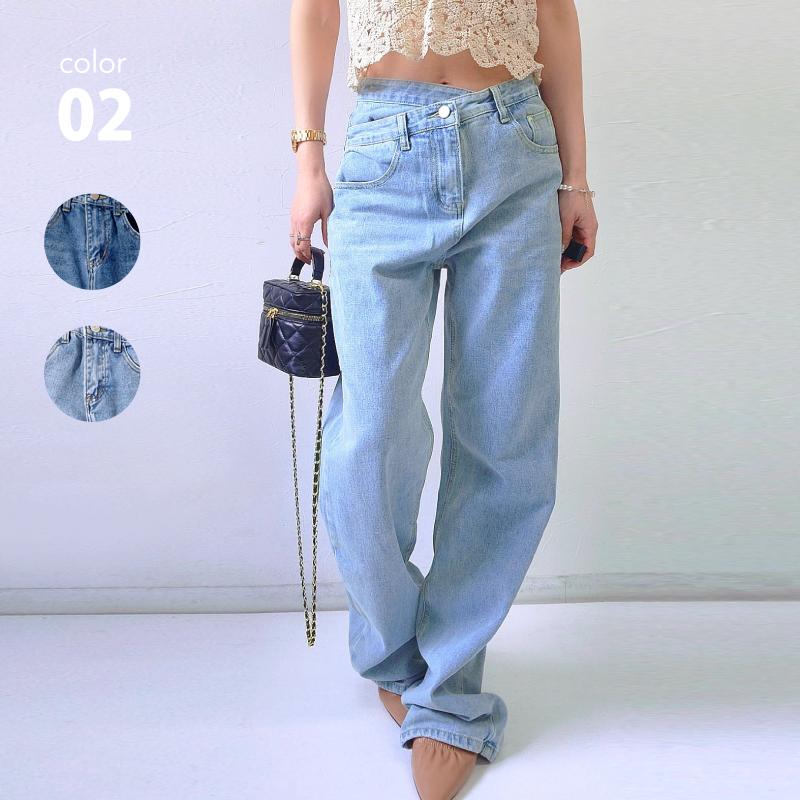 ハイウエスト ウエストデザイン ルーズ デニム ワイドパンツ