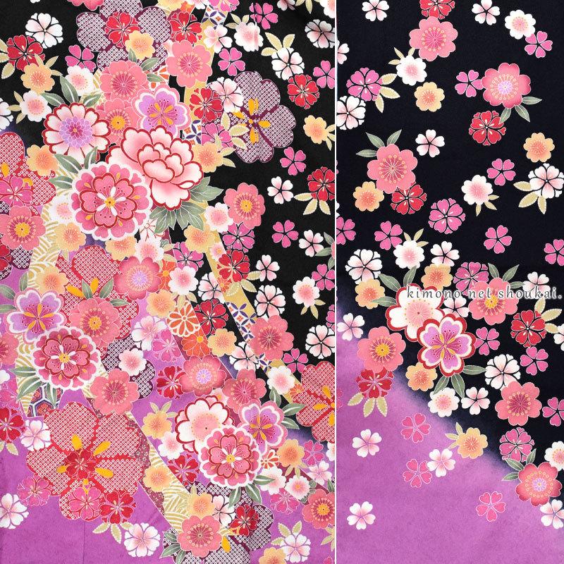 振袖 正絹 中古 ランクS ブラック 黒ピンク 桜 熨斗 お仕立て上がり