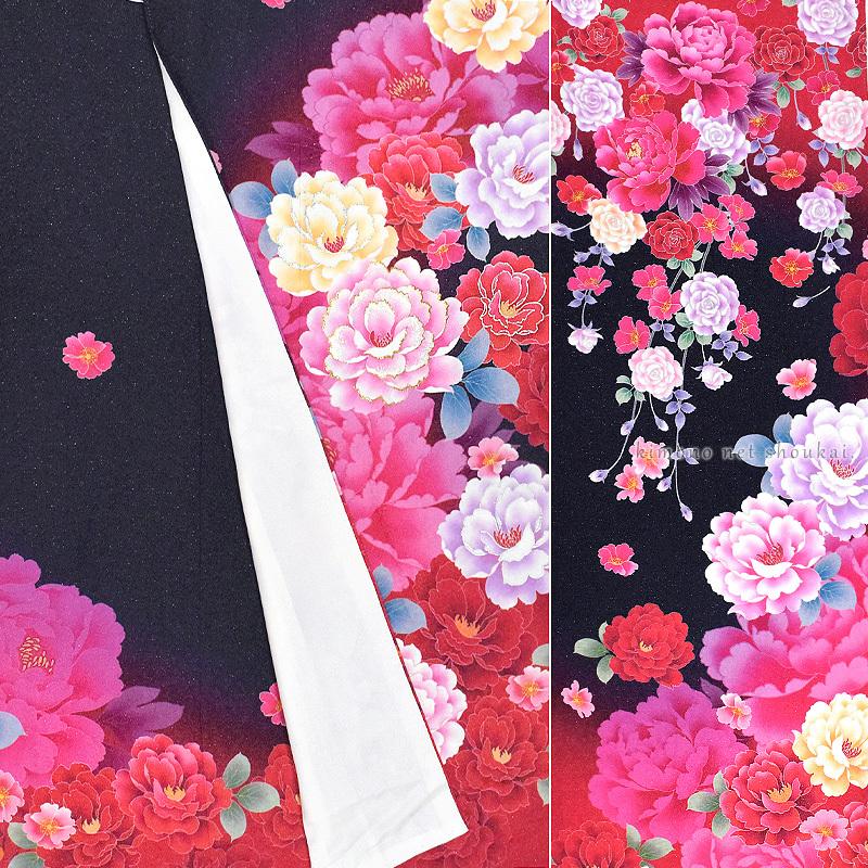 送料無料】【中古】 振袖 正絹（中古 ランクA 赤 黒 牡丹 薔薇 バラ