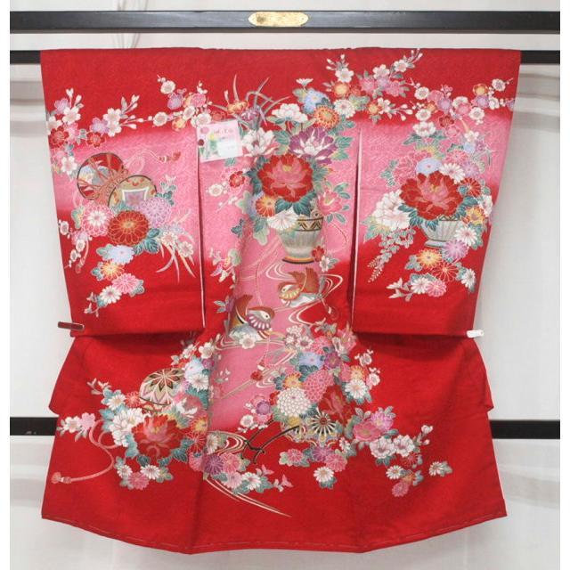 新品 0019 値下げ！お宮参り祝い着 女の子用 正絹熨斗目 赤系 花車