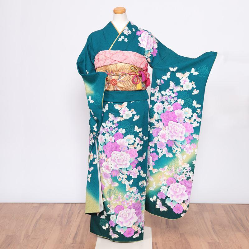 振袖レンタル 成人式 フルセット 1月 振袖 レンタル 緑 牡丹 アゲハ蝶