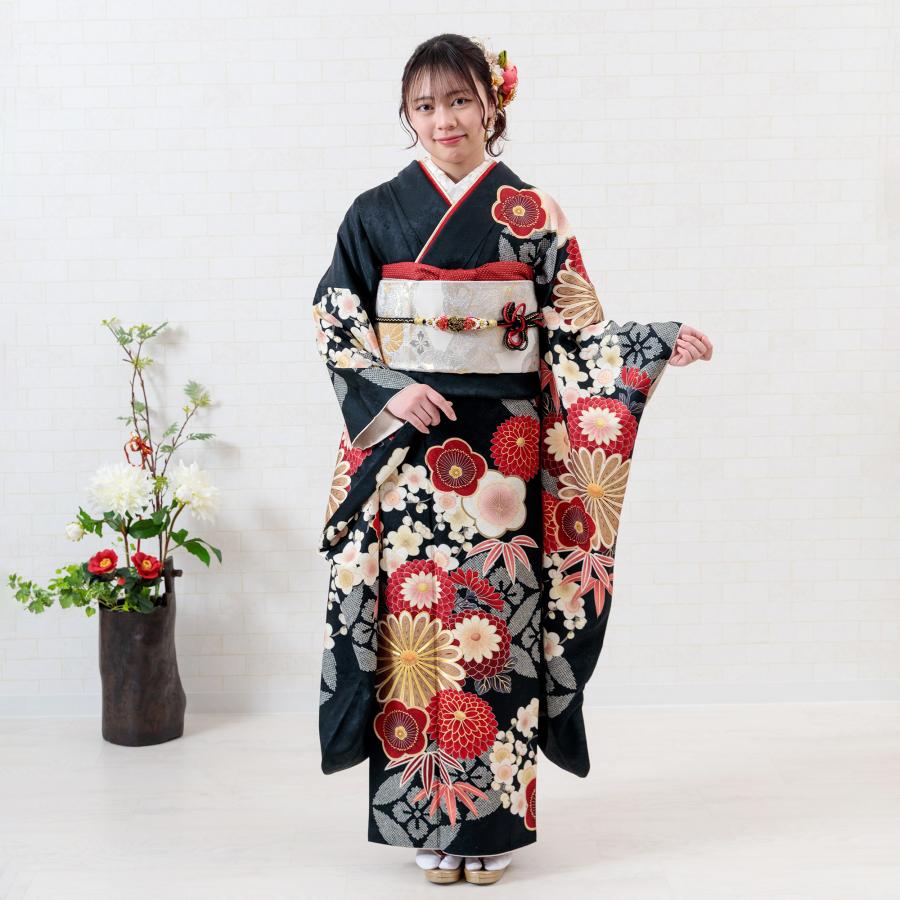 振袖レンタル 成人式 振袖 フルセット 1月 黒 古典 松竹梅に菊 あの