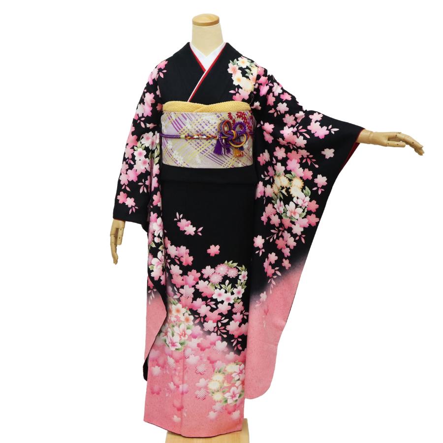 振袖 中古 フルセット 正絹 一式 成人式 着物 格安 美品 黒 ピンク 桜