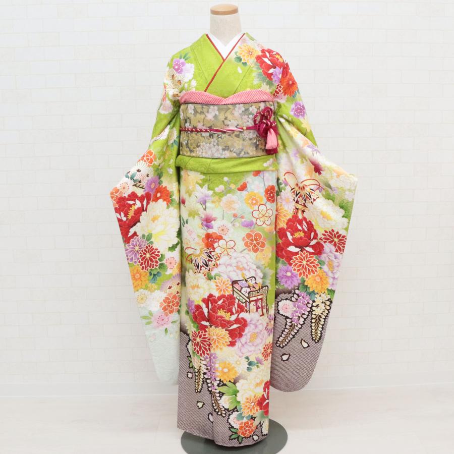 振袖 中古 正絹 格安 安い 美品 リサイクル 黄緑 ひわ色 古典 綸子地