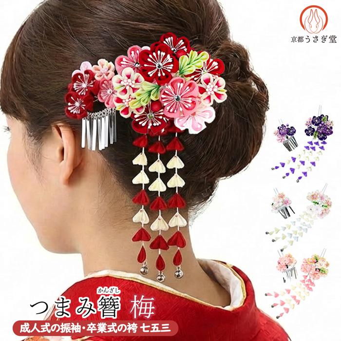 髪飾り 二点セット 赤 ピンク つまみ細工 かんざし wk-226 成人式 振袖