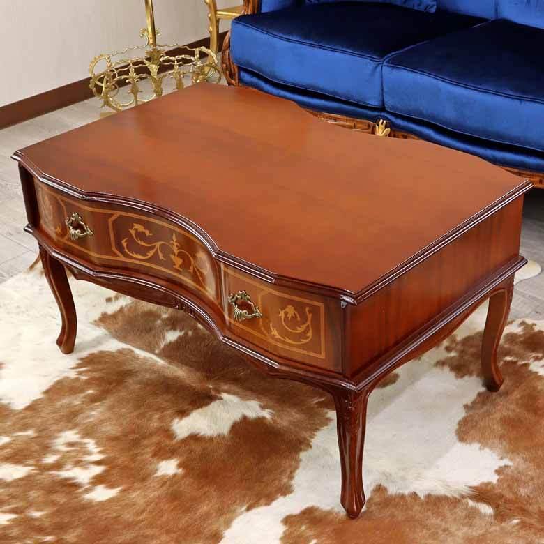 リビングテーブル 収納付き 木製 イタリア 猫脚 象嵌 ローテーブル