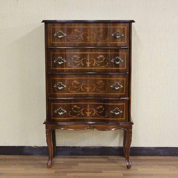 イタリア 4段 チェスト 茶 58m 象嵌 ロココ調 家具 猫脚 丸脚 完成品