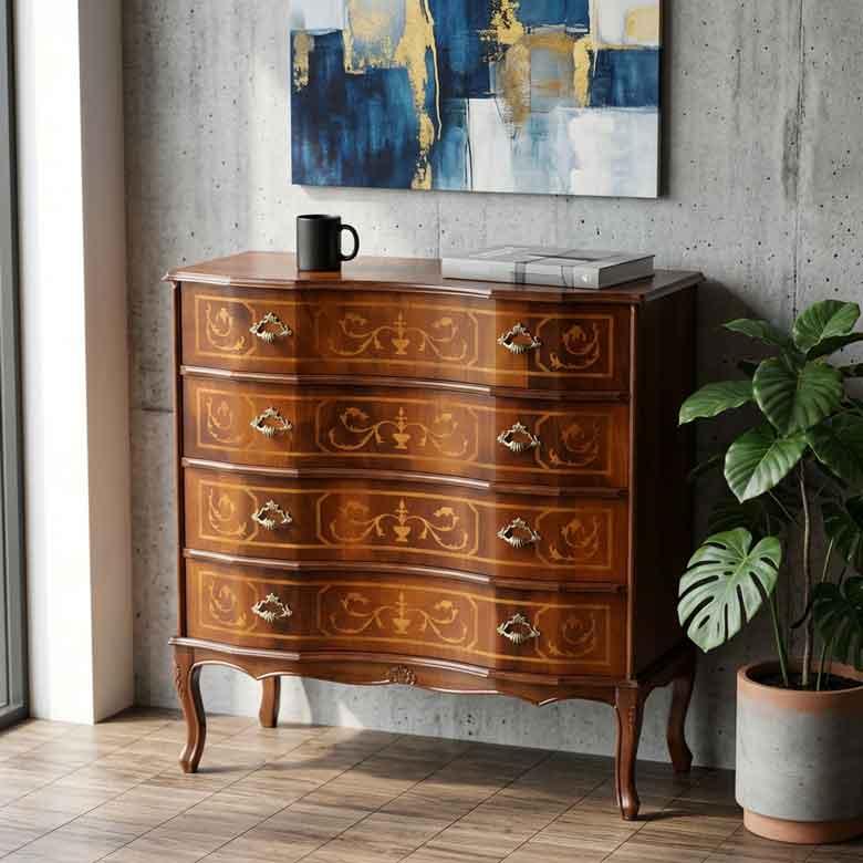 イタリア 4段 チェスト 茶 87cm 象嵌 ロココ調 家具 猫脚 完成品