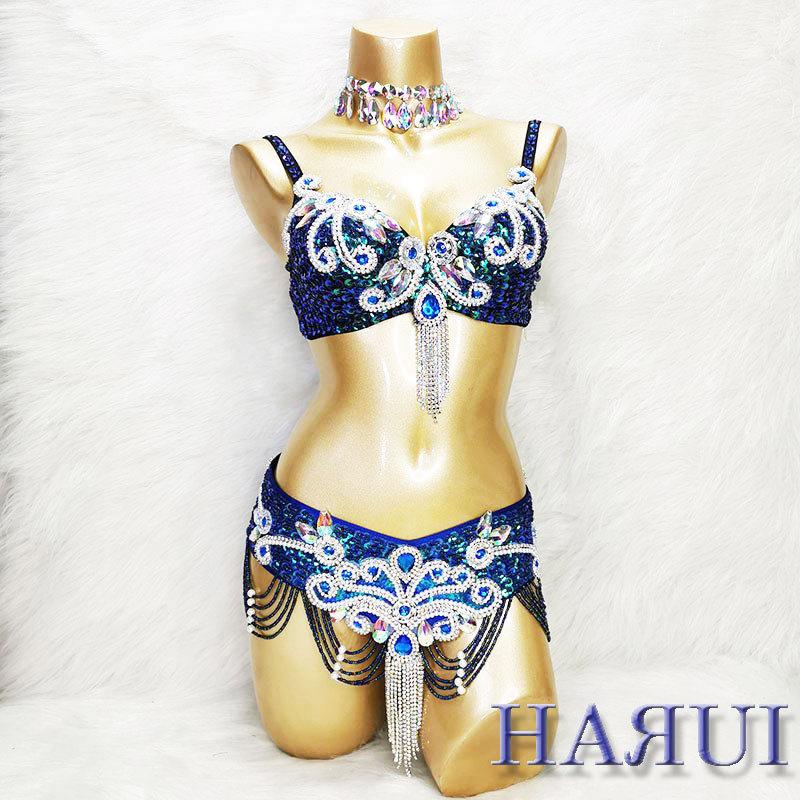 ベリーダンス 衣装 ブラ ベルト パール しずく 上下2点 セット 青