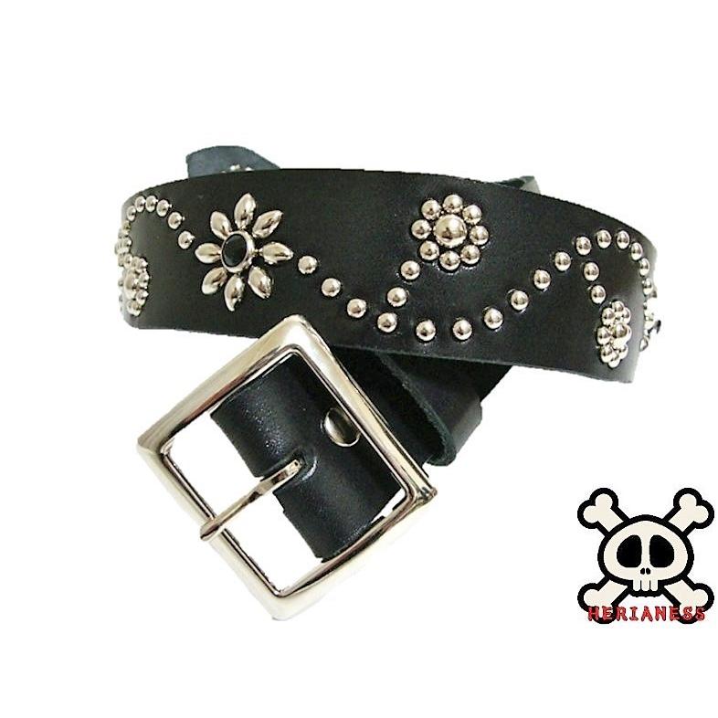 栃木レザー フラワー型 スタッズベルト 黒 ブラックスポッツ 日本製 一