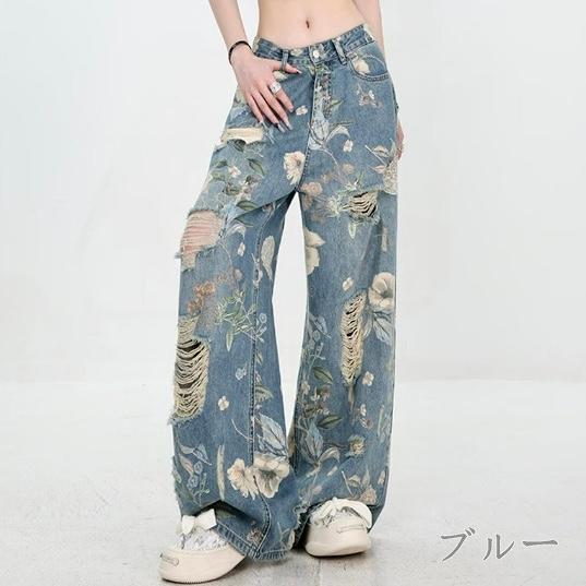 花柄 デニム パンツ ジーンズ ダメージ 韓国 ストリート系 ダンス 衣装