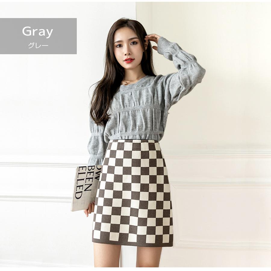 ニットスカート ミニ ブロックチェック柄 大人 カジュアル タイト