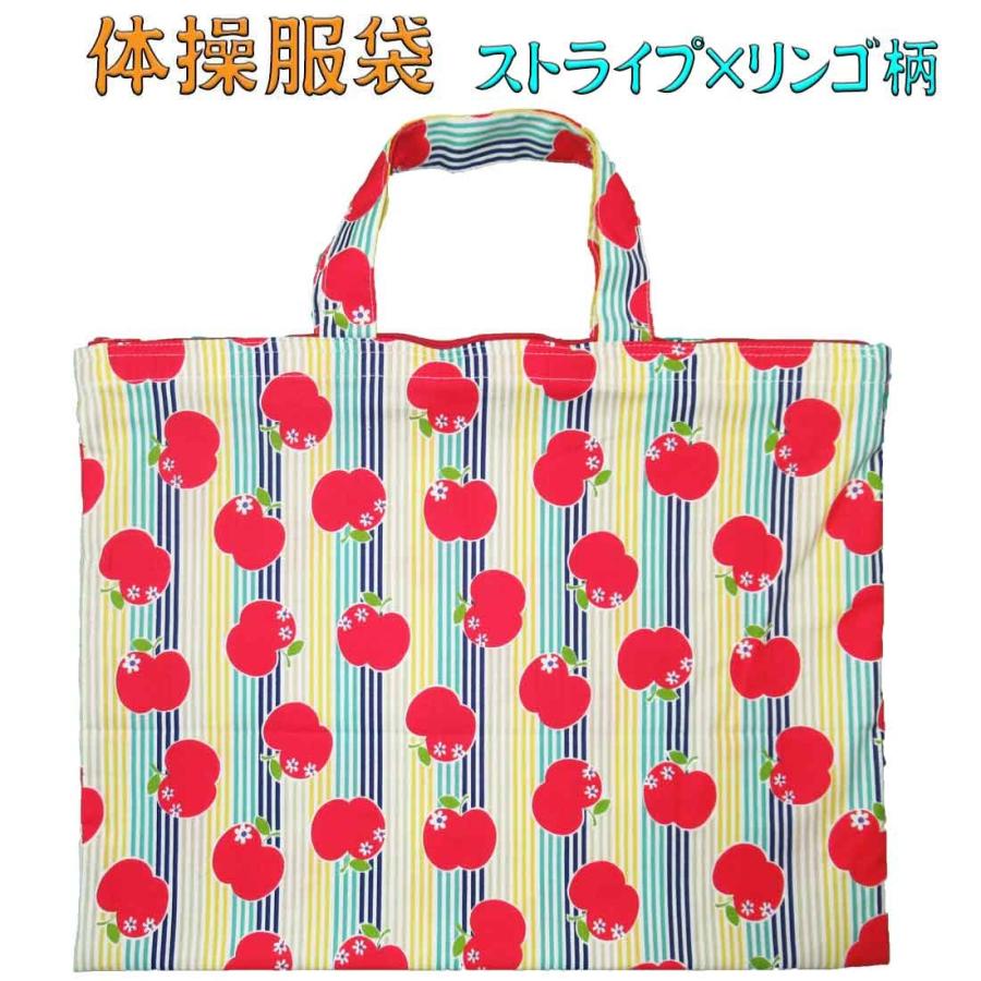 体操着袋 ストライプ×リンゴ柄 チャック付 レッスンバッグ ピアノ