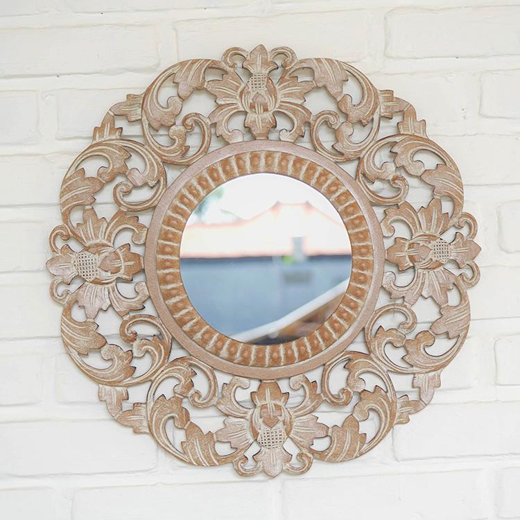 アジアン バリ風 鏡 壁掛け 丸型 ミラー ウォールミラー 木製 ウッド
