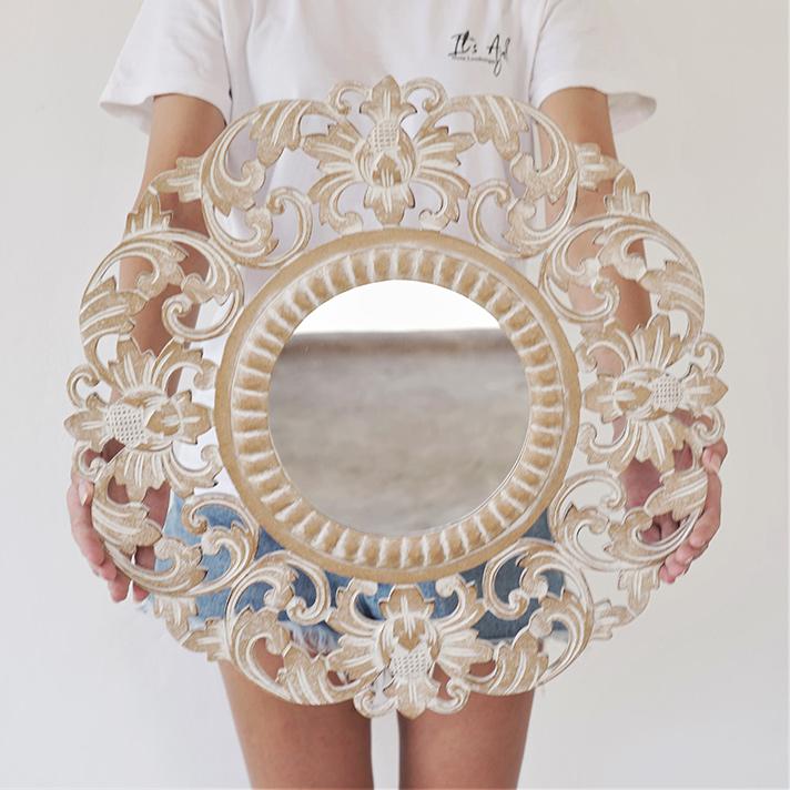 アジアン バリ風 鏡 壁掛け 丸型 ミラー ウォールミラー 木製 ウッド