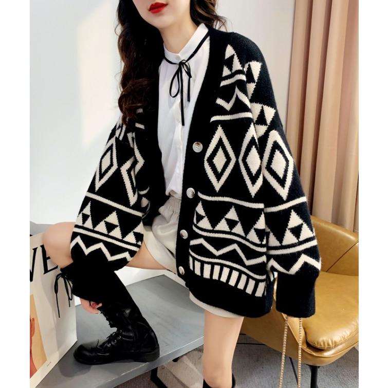 ニットカーディガン 秋冬 レディース トップス 長袖 幾何学模様