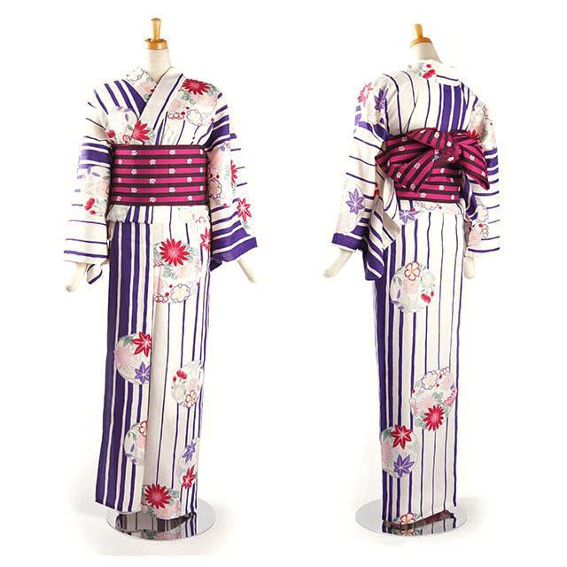 セオα] 浴衣 反物 縞に花丸（オフシロ×紫/SYU5120）夏着物 東レセオα