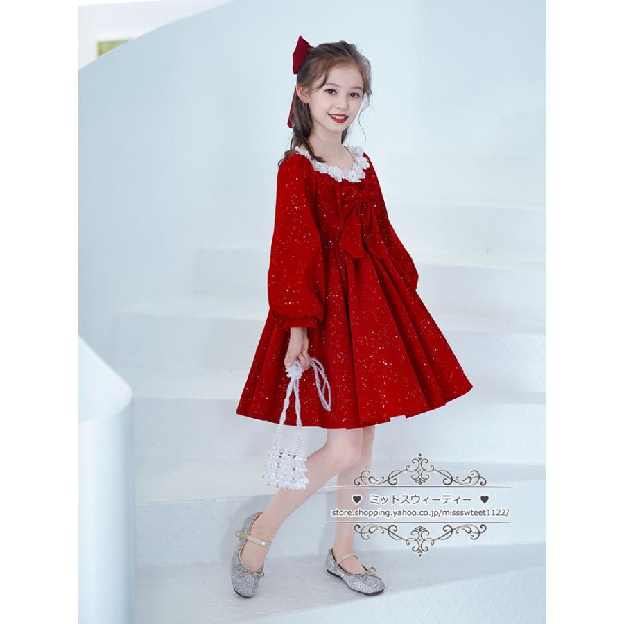 キッズ ドレス 子供ドレス ワンピース 長袖 赤 レッド 秋冬 ミニドレス