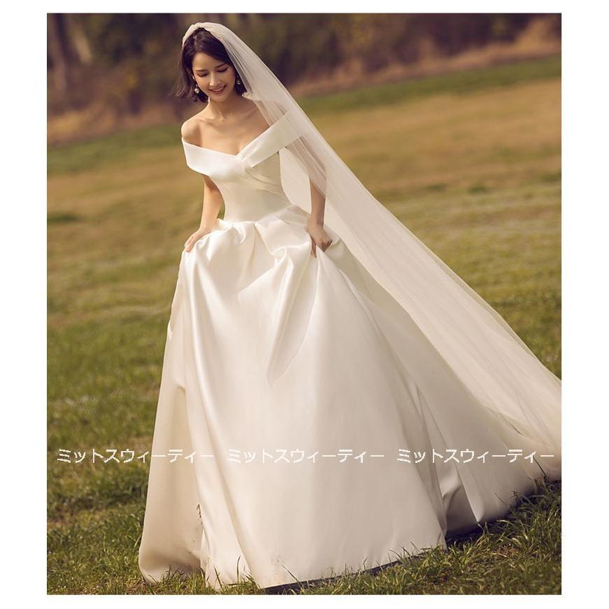 ウエディングドレス サテン 結婚式 aライン プリンセスドレス 二次会