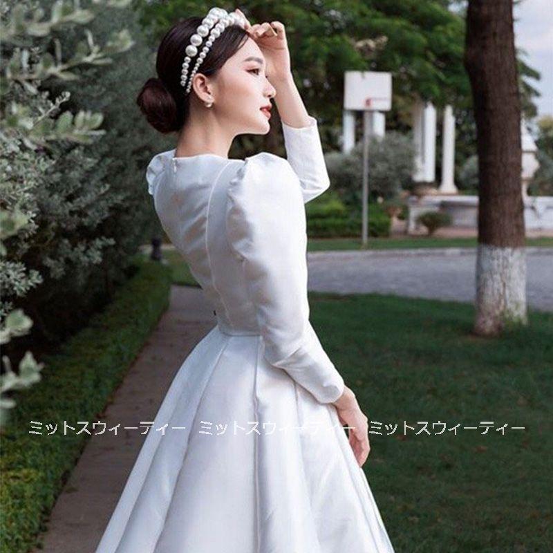 ウエディングドレス サテンドレス ホワイト 長袖 花嫁 結婚式 二次会