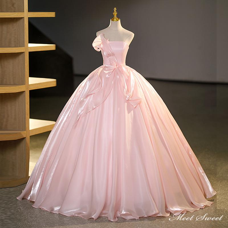 カラードレス 編み上げ ピンク ビスチェ 光沢 ロングドレス 結婚式