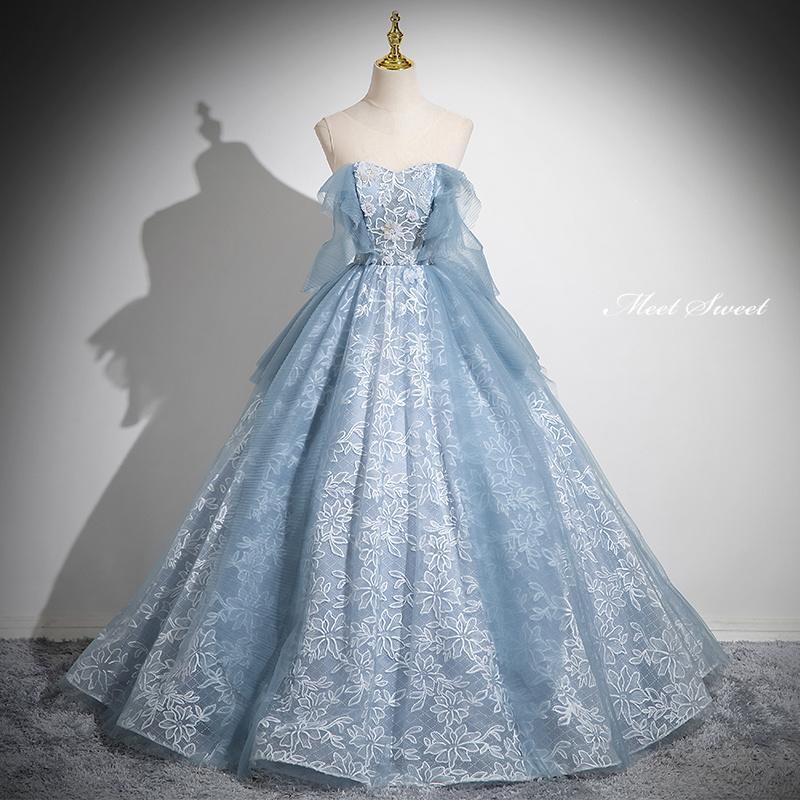 カラードレス プリンセスライン ロングドレス ブルー 花柄 編み上げ