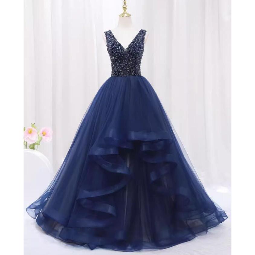 カラードレス プリンセスライン ネイビー ビーズ フリル 袖なし ロング