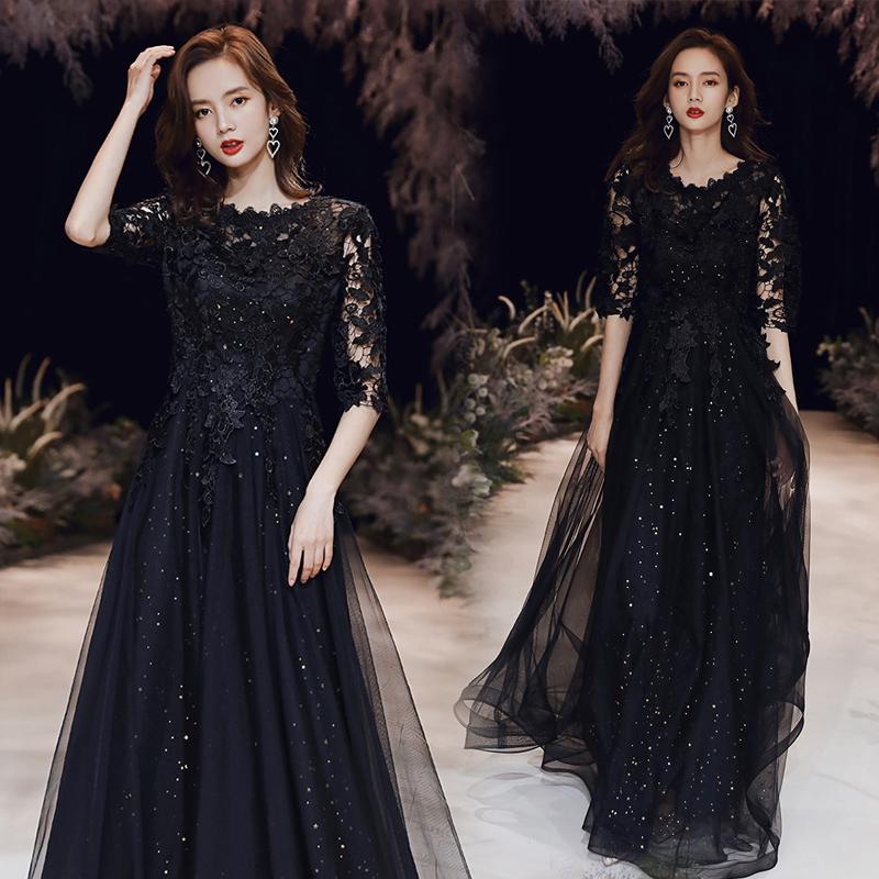 カラードレス ブラック ワインレッド 5分袖 ロングドレス 演奏会 発表