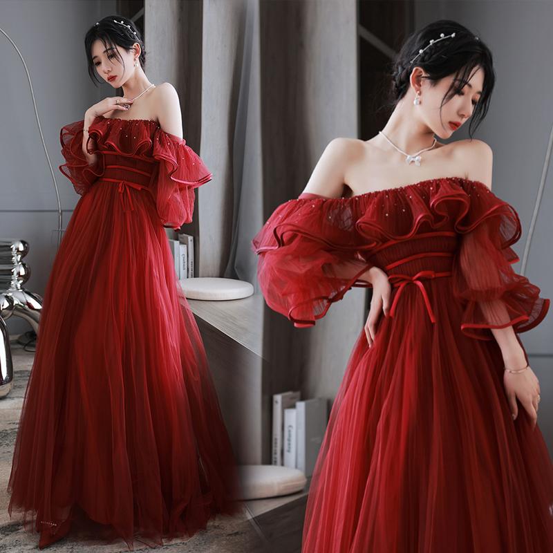 カラードレス ウェディングドレス レッド 赤 オフショルダー Aライン