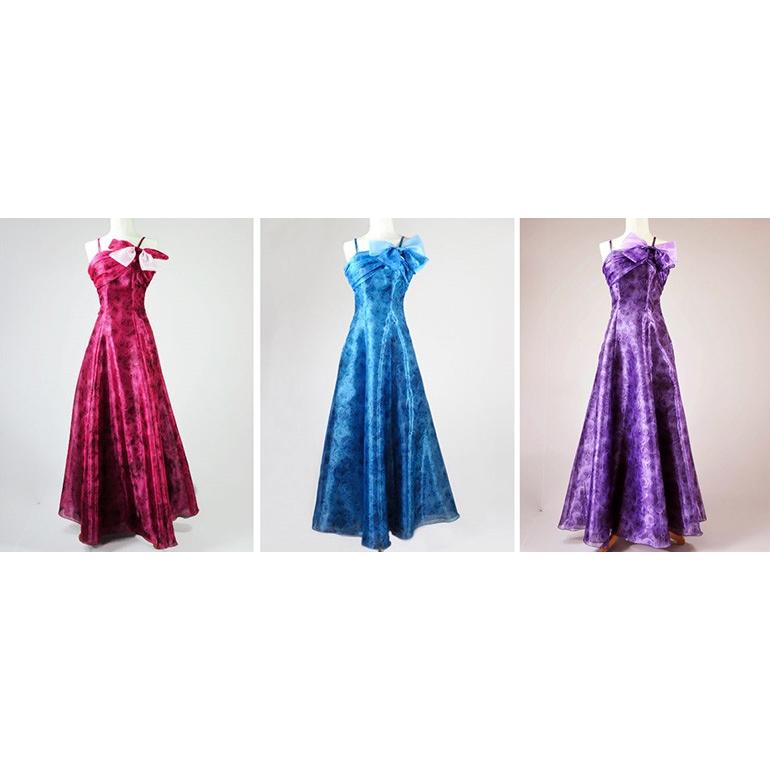 演奏会用ロングドレス ピンク ブルー 桃 青 薔薇柄プリント