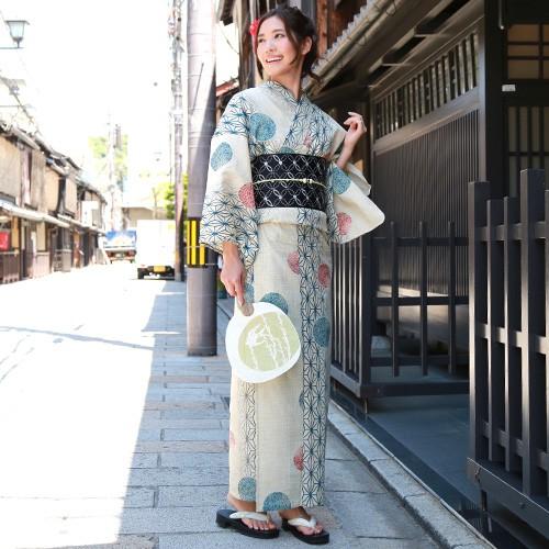 浴衣 レディース セット レトロ 高級変わり織り綿麻浴衣3点セット 生成