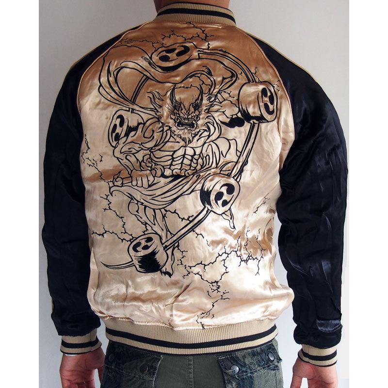 絡繰魂 スカジャン メンズ 粋 新風神雷神 刺繍スカジャン リバーシブル