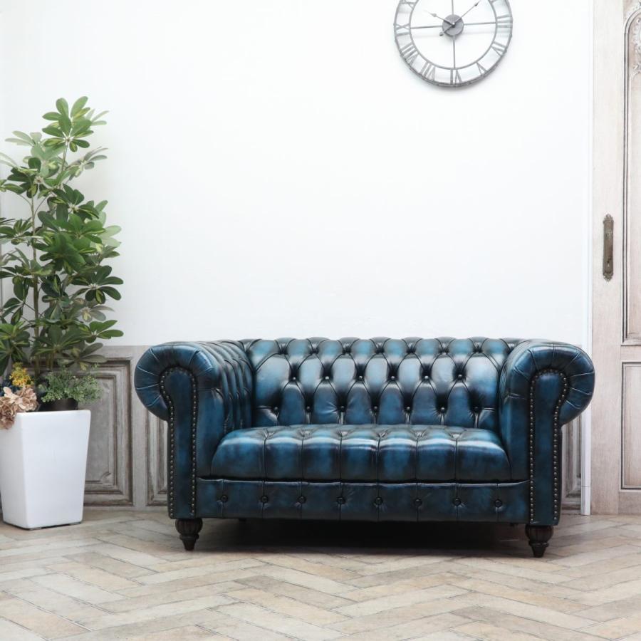 アンティーク ソファー 革 ブルー チェスターフィールドソファ vxb2l9