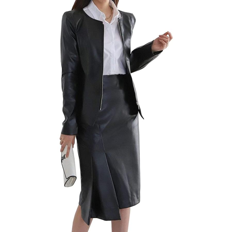 フェイクレザーセットアップ スカートスーツ ノーカラージャケット