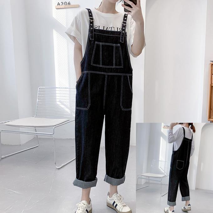 ブラック デニム サロペット レディース 5ポケット オーバーオール